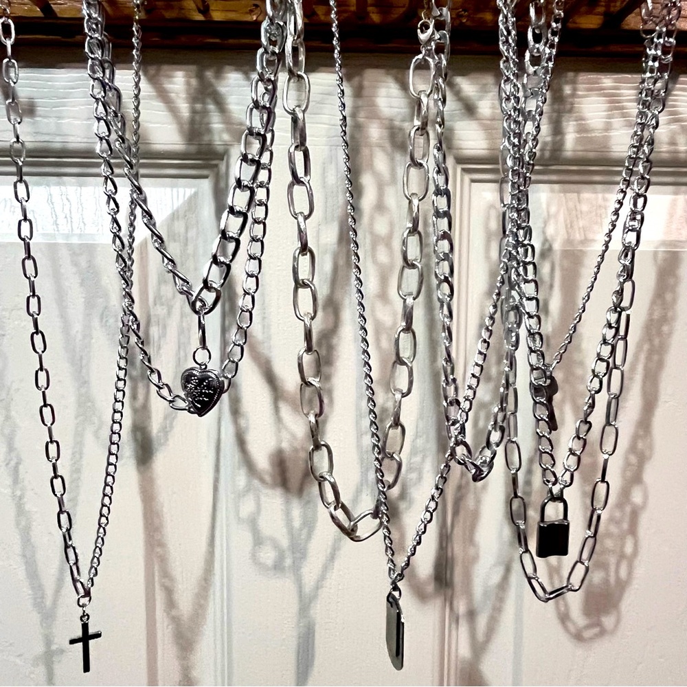 Silver Plated Rockstar Chain Necklaces Charm Set of 7 Adjustable to fit any size
